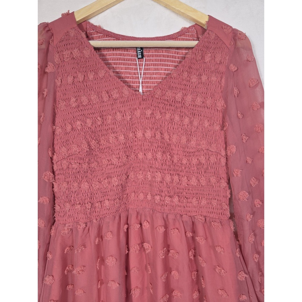 NWT BTFBM Women Medium Pink Swiss Dot Smocked V Neck Long Sleeve Mini Dress - Picture 6 of 12
